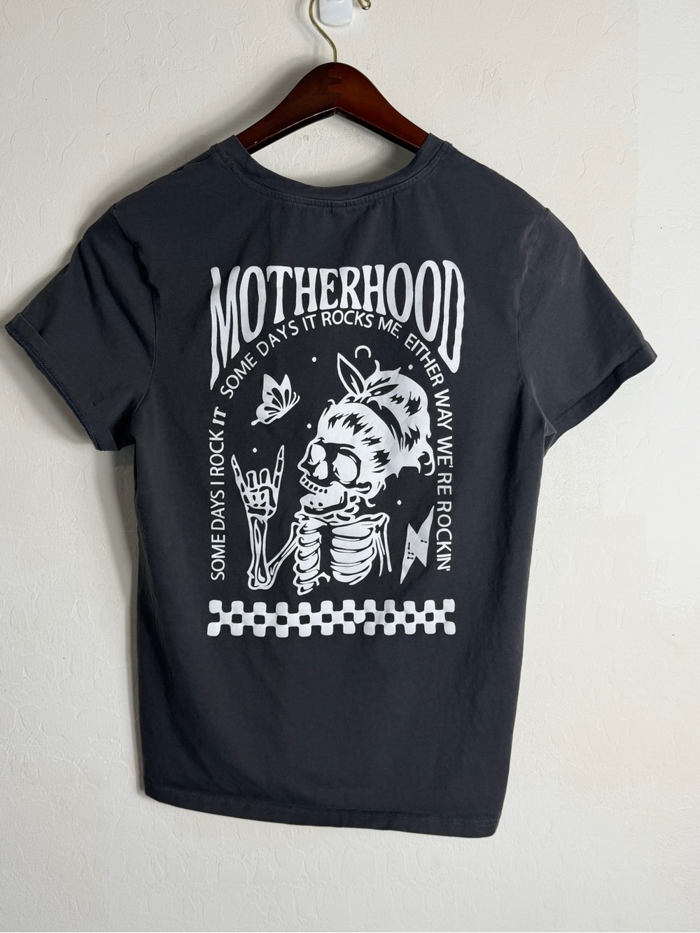 Motherhood Charcoal Short-Sleeve Tee with White Skeleton Hand Graphic